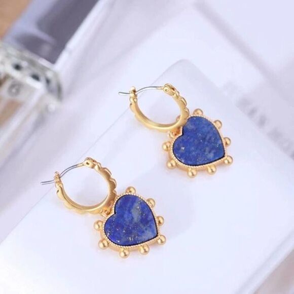 NWOT Tory Burch Gold Drop Blue Lapis Heart Earrings - Picture 2 of 7